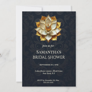 Tarjeta Festiva Blue Gold Damask Lotus Bridal Shower 