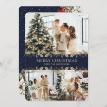 Blue Gold Elegant Botanical Photo Christmas Card