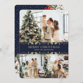 Tarjeta Festiva Blue Gold Elegant Botanical Photo Christmas Card