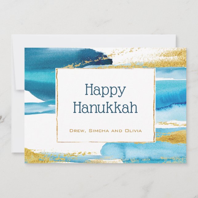 Tarjeta Festiva Blue Gold Elegant Watecolor Hanukkah (Anverso)