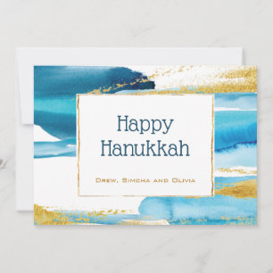 Tarjeta Festiva Blue Gold Elegant Watecolor Hanukkah
