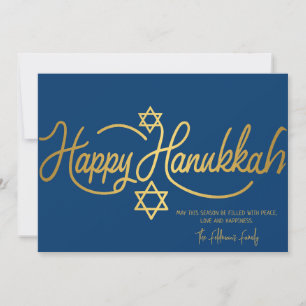 Tarjeta Festiva Blue & Gold Feliz Hanukkah Caligrafía  