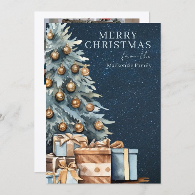Tarjeta Festiva Blue Gold Green Christmas Tree Photo Personalized (Anverso / Reverso)