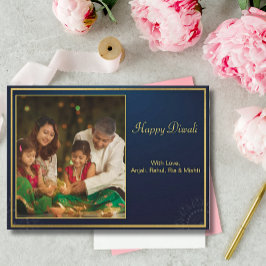 Tarjeta Festiva Blue Gold Happy Diwali Photo Personalised Greet