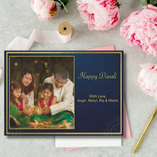 Tarjeta Festiva Blue Gold Happy Diwali Photo Personalised Greet