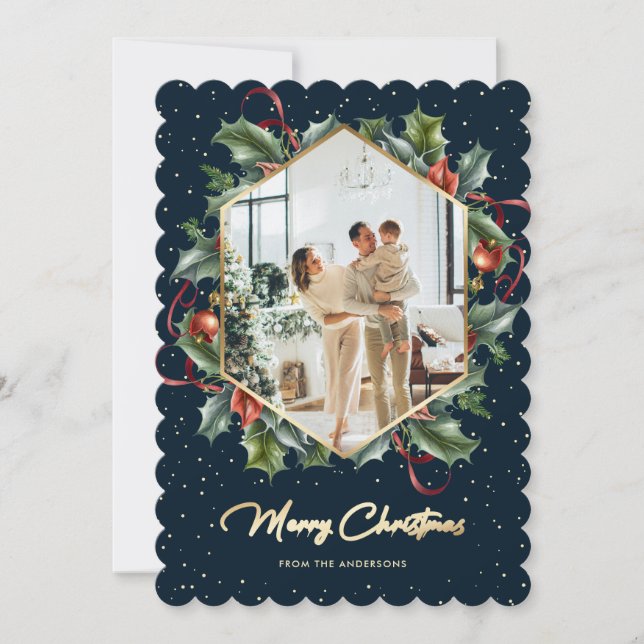 Tarjeta Festiva Blue Gold Holly Wreath Photo Merry Christmas Card (Anverso)