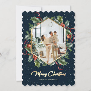 Tarjeta Festiva Blue Gold Holly Wreath Photo Merry Christmas Card