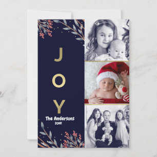 Tarjeta Festiva Blue & Gold JOY 3 Tres Navidades de vacaciones fot