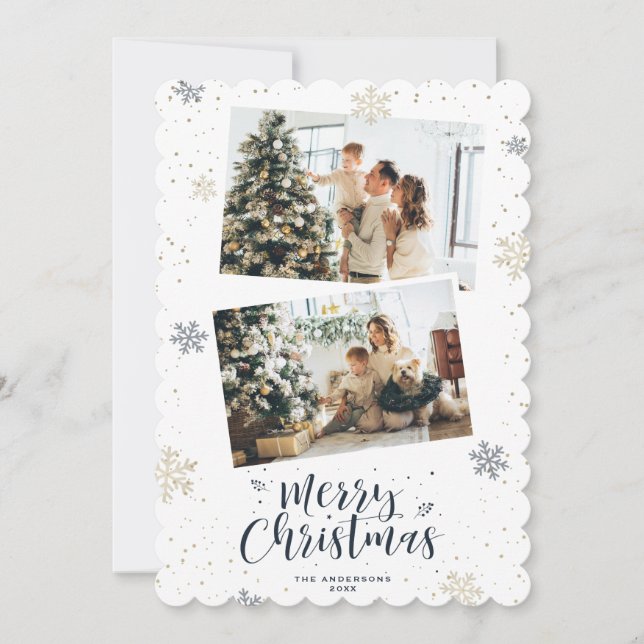 Tarjeta Festiva Blue Gold Merry Christmas 2 Photo (Anverso)