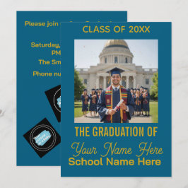 Tarjeta Festiva Blue Gold Modern Photo Class Graduation Invitation