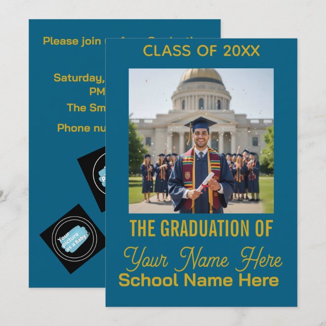 Tarjeta Festiva Blue Gold Modern Photo Class Graduation Invitation (Anverso / Reverso)