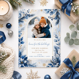 Tarjeta Festiva Blue Gold Nuevo Hogar para las Fiestas Foto Móvil