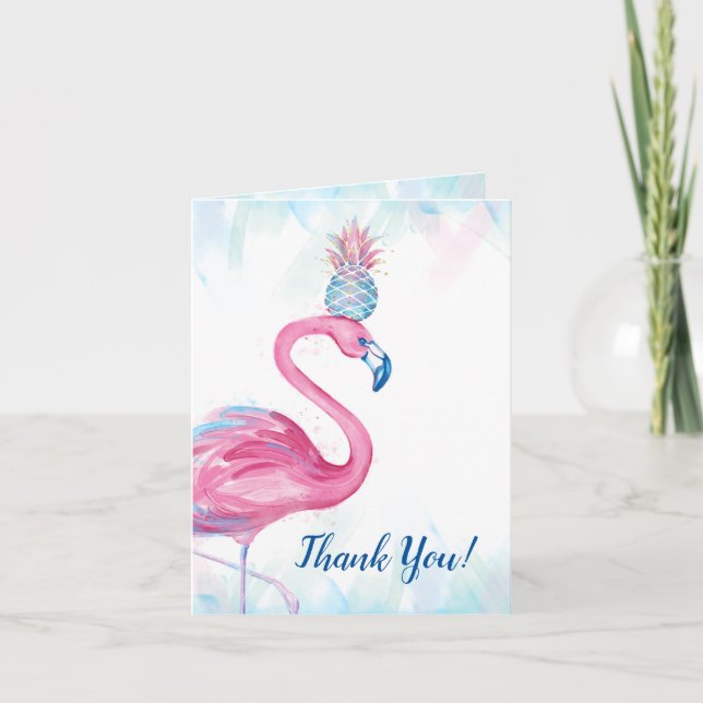 Tarjeta Festiva Blue Gold Pink Flamingo Pineapple Gracias Cartas (Anverso)