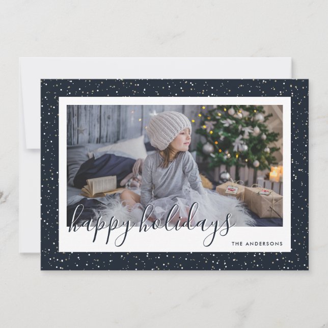 Tarjeta Festiva Blue Gold Snowy Photo Happy Holidays Cards (Anverso)