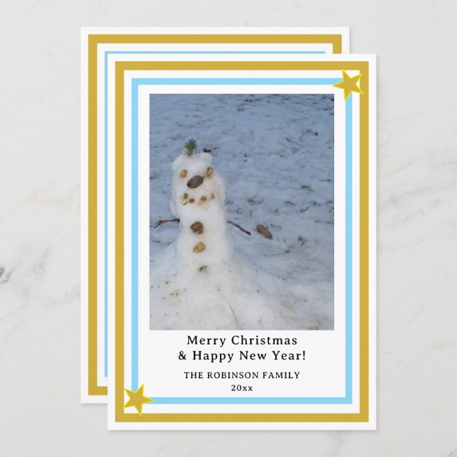 Tarjeta Festiva Blue Gold Stars Little Snowman INSERT PHOTO (Anverso / Reverso)