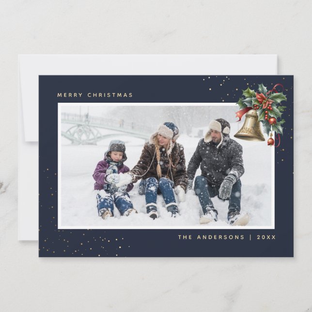 Tarjeta Festiva Blue Gold Watercolor Holly Bell Photo (Anverso)