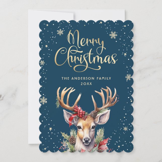 Tarjeta Festiva Blue Gold Watercolor Reindeer Snow Christmas Card (Anverso)