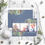Tarjeta Festiva Blue Gold Winter Greenery Botany Berries Photo<br><div class="desc">¡Los navidades son una época tan especial del año! ¡Y qué mejor manera de celebrar que con una hermosa tarjeta de vacaciones de fotos botánicas de la Marina Blue Gold Winter Greenery! Esta impresionante tarjeta contiene tres de tus fotos favoritas, bellamente decoradas con motivos festivos de invierno rojos y verdes,...</div>