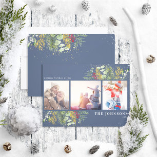 Tarjeta Festiva Blue Gold Winter Greenery Botany Berries Photo