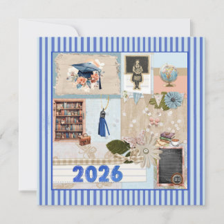 Tarjeta Festiva Blue Grad 2026, Girl, Cap, Tassel, Bookcase, Globe