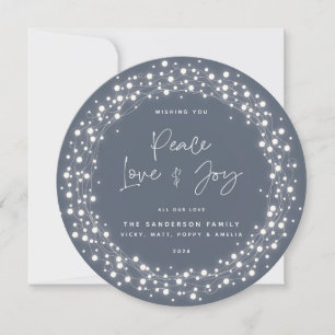 Tarjeta Festiva Blue-Gray Peace Love+Joy Script Sparkling Lights