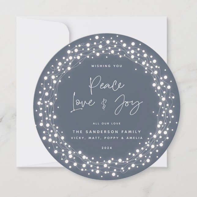 Tarjeta Festiva Blue-Gray Peace Love+Joy Script Sparkling Lights (Anverso)