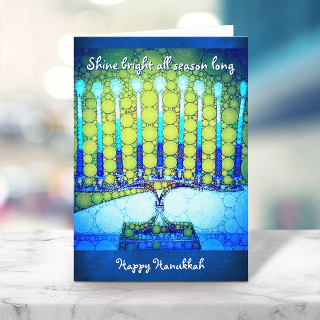 Tarjeta Festiva Blue Green Hanukkah Menorah Shine Bright Cita (Subido por el creador)