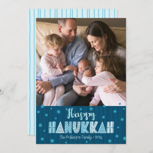 Tarjeta Festiva Blue Happy Hanukkah Photo Moderne Fun Typography