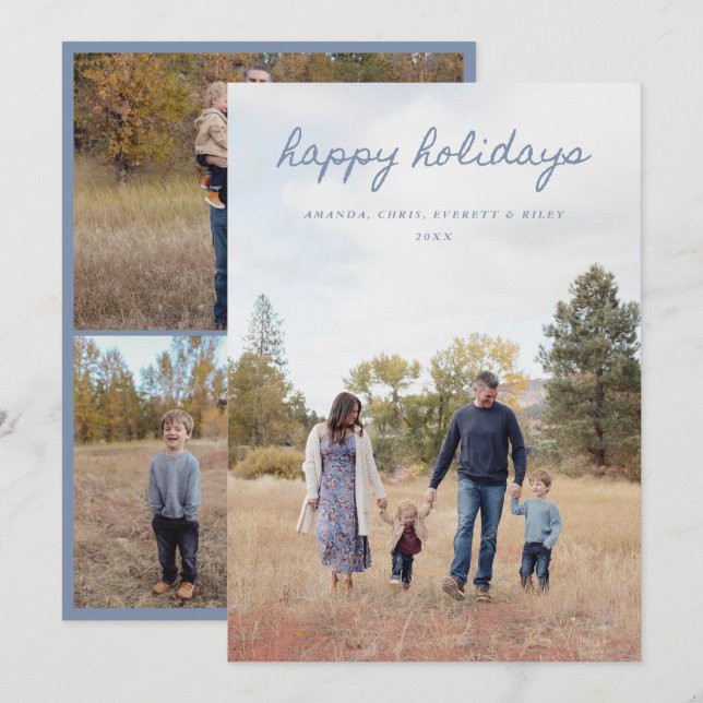 Tarjeta Festiva Blue Happy Holidays Card 4 Family Photos (Anverso / Reverso)