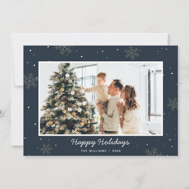 Tarjeta Festiva Blue Happy Holidays Family Photo Snowflake (Anverso)