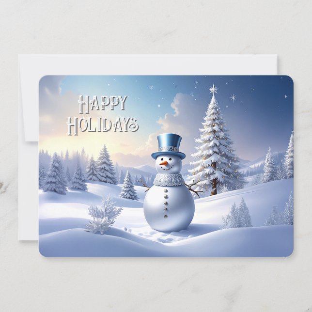 Tarjeta Festiva Blue Hat Snowman Christmas Tree Holiday Card (Anverso)