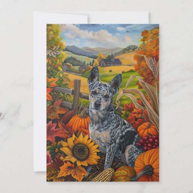Tarjeta Festiva Blue Heeler Dog Autumn Harvest Acción de Gracias (Anverso)