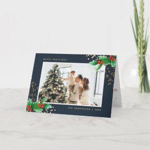 Tarjeta Festiva Blue Holly Berries Photo Merry Christmas Card