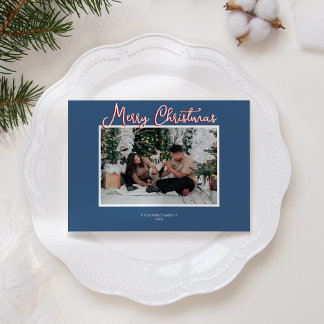 Tarjeta Festiva Blue Holly Jolly Merry Christmas Photo and Letter