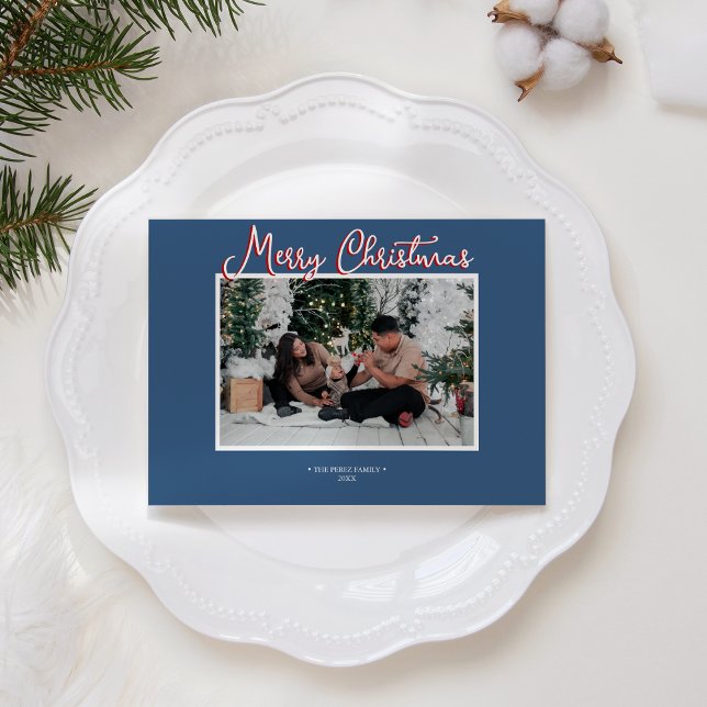 Tarjeta Festiva Blue Holly Jolly Merry Christmas Photo and Letter (Subido por el creador)