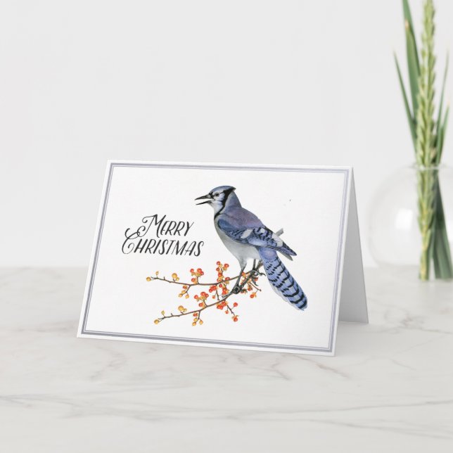 Tarjeta Festiva Blue Jay Bird Merry Christmas Berry Silver Nature (Anverso)