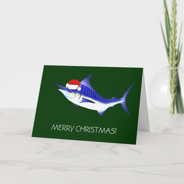 Tarjeta Festiva Blue Marlin Santa Claus (Anverso)