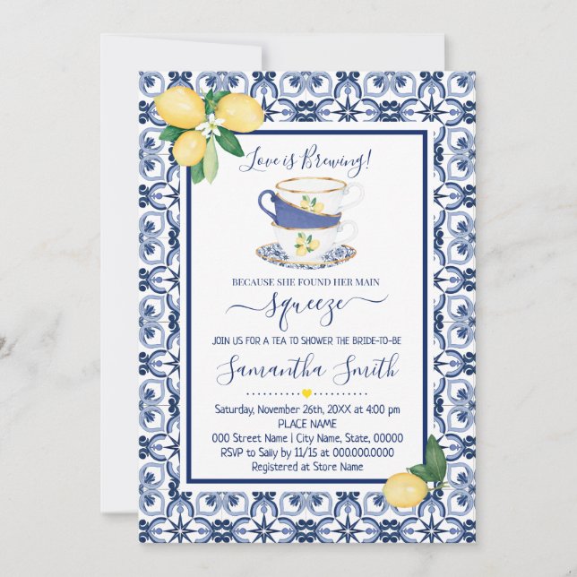 Tarjeta Festiva Blue Mediterranean Lemons Tea Bridal Shower (Anverso)