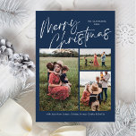 Tarjeta Festiva Blue Merry Christmas Calligraphy Script 3 Photo<br><div class="desc">La tarjeta navideña Blue Merry Christmas Caligraphy Script 3 Photo Plaid Holiday Card incluye un guión moderno de caligrafía en la parte delantera,  junto con tres fotos y un Navidad festivo colocado en la parte posterior.</div>