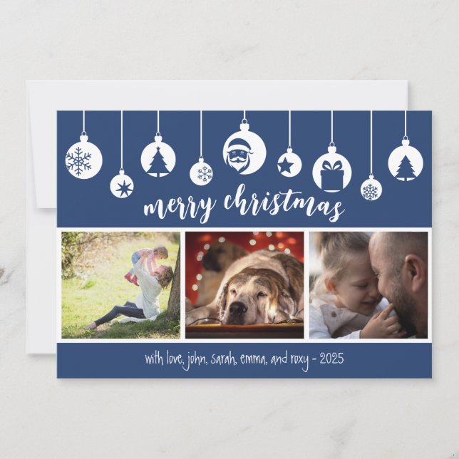 Tarjeta Festiva Blue Merry Christmas Hanging Ornament Photo (Anverso)