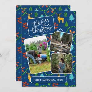 Tarjeta Festiva Blue Merry Christmas In Forest Pattern Photo