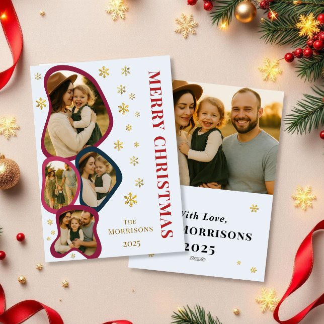 Tarjeta Festiva Blue Merry Christmas Photo Modern Organic Frame (Subido por el creador)