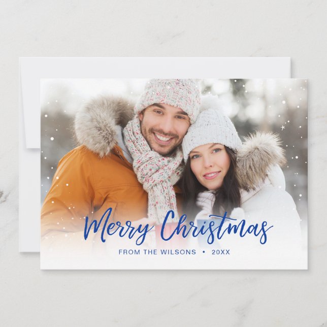 Tarjeta Festiva Blue Merry Christmas Script Overlay Holiday Photo (Anverso)
