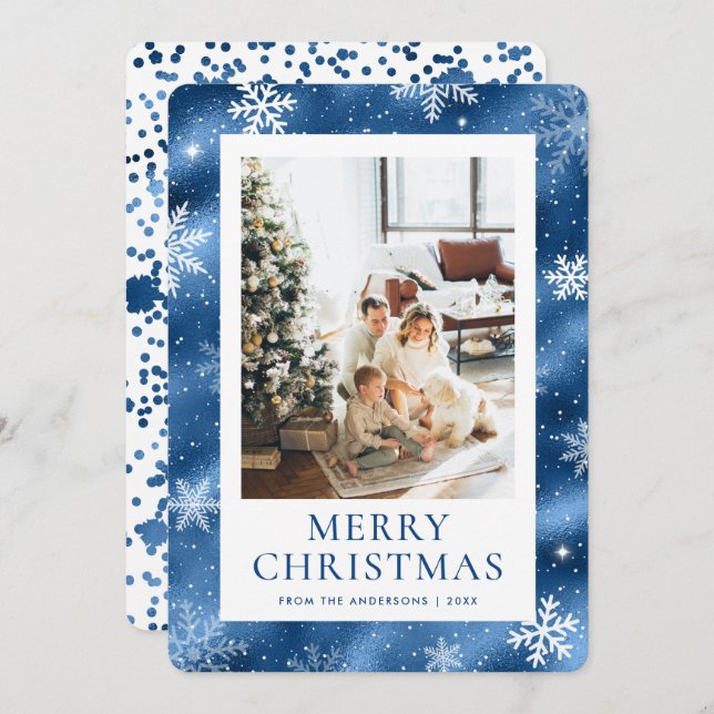 Tarjeta Festiva Blue Merry Christmas Snowflake Snow Photo (Anverso / Reverso)