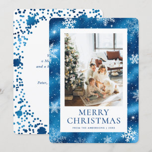 Tarjeta Festiva Blue Merry Christmas Snowflake Snow Photo