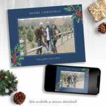 Blue Merry Christmas Vintage Holly Berries Photo