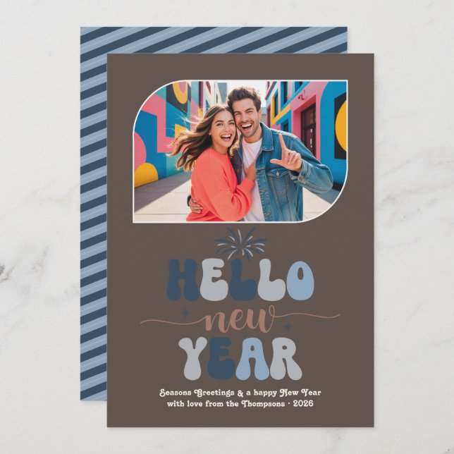 Tarjeta Festiva Blue Mocha Hello New Year Blue Retro Photo (Anverso / Reverso)