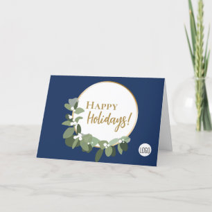 Tarjeta Festiva Blue Modern Gold Script Feliz Personalizado de vac