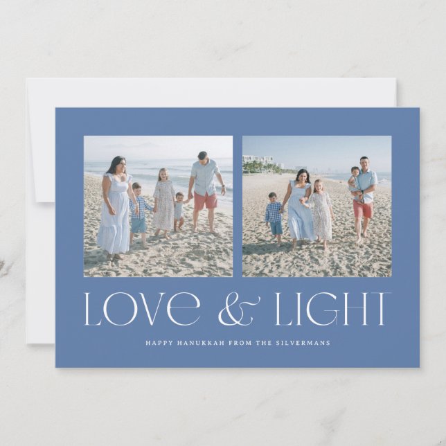 Tarjeta Festiva Blue Modern Hanukkah Love & Light 2-Photo (Anverso)