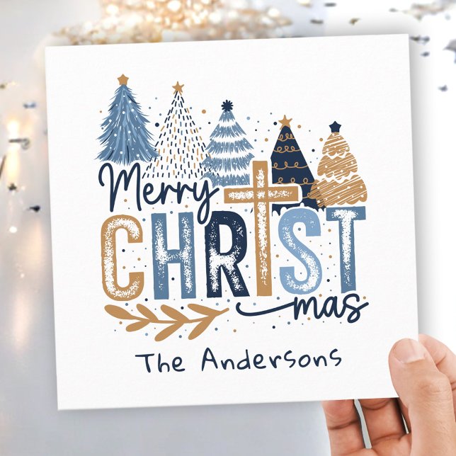 Tarjeta Festiva Blue Modern Trees Cristo Feliz nombre navideño (Blue Modern Trees Christ Merry Christmas Name Holiday Card)
